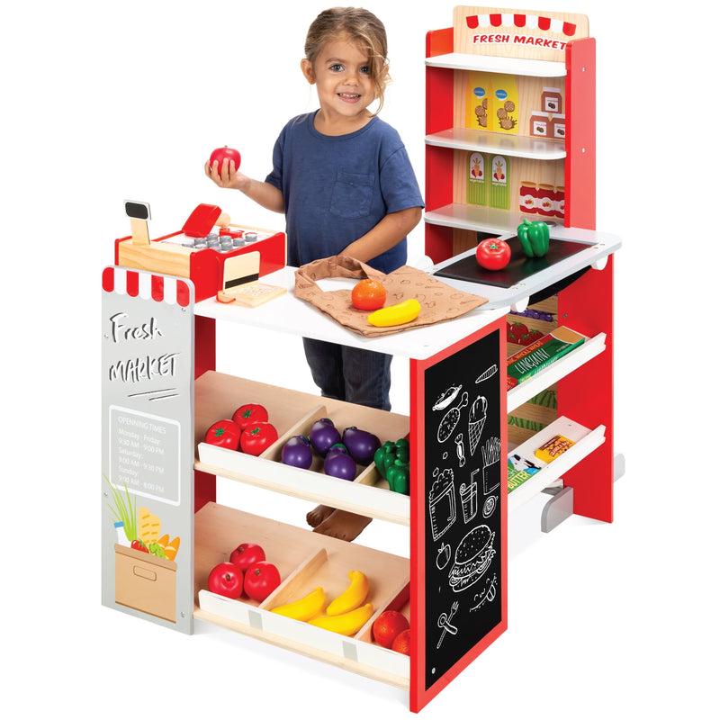 Kids Pretend Play Grocery Store Wooden Supermarket Toy Set W/ Play Food, Chalkboard, Cash Register