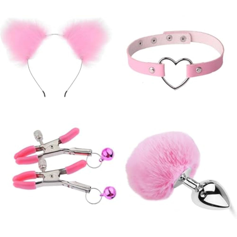 4-Piece Anal Plug Set With Bunny Tail Stainless Steel Butt Plug, Faux Fox Cat Ear Headband Hair Hoop, Heart Leather Bondage Choker And Body Ring Nipple Clamps With Bells For Adults Women Couples