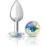 Viben Toys – Cheeky Charms Butt Plug – Body Safe Aluminum Alloy, Lightweight Anal Plug – Silver Round Clear Iridescent Acrylic Gemstone – Small