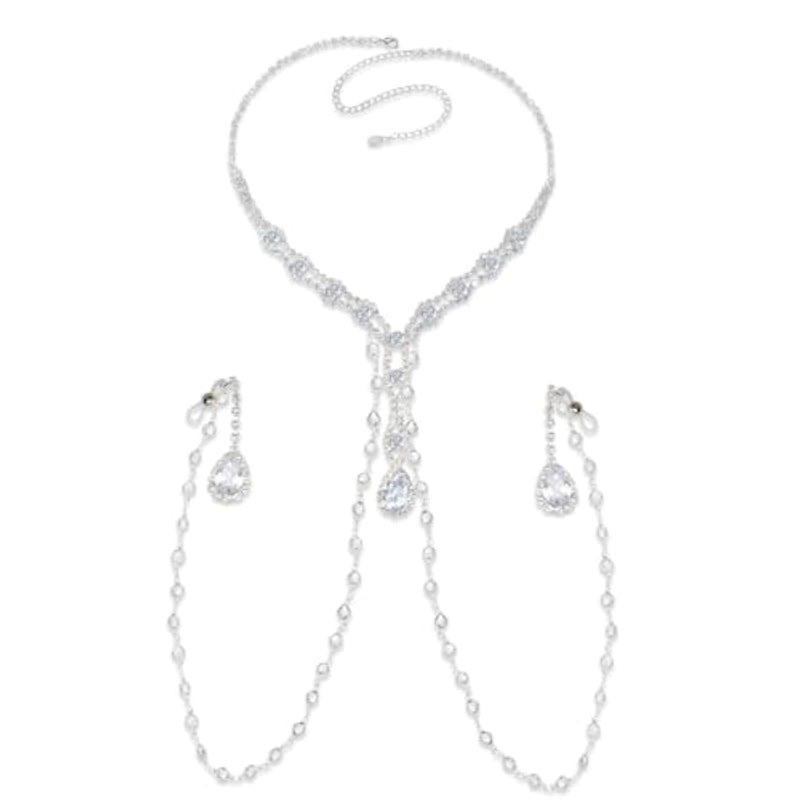 Crystal Body Chain Necklace Set With Rhinestone Pendants, Body Clamps Breast Silver Chain W-Tone Fashion Jewelry For Women (Concise-Wathet)