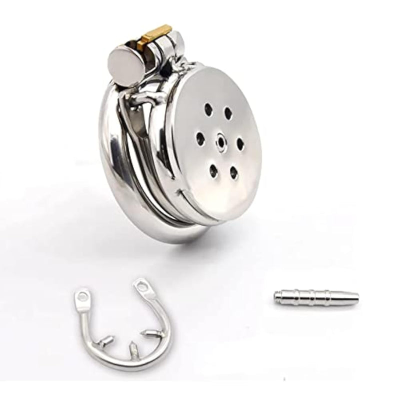 Men'S Hidden Locking Chastity Cage, Flat Design With Round Hole, Breathable Chastity Device, 3 Sizes, Hidden Wear, Sm Crossdressing Bondage Adult Sex Toys (Metal Catheter-40Mm)