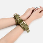 BDSM Wrist Restraint Cuffs, Adjustable Bondage Handcuffs with Center Ring, Leather Restraint for Couples Role Play (Avocado Color)