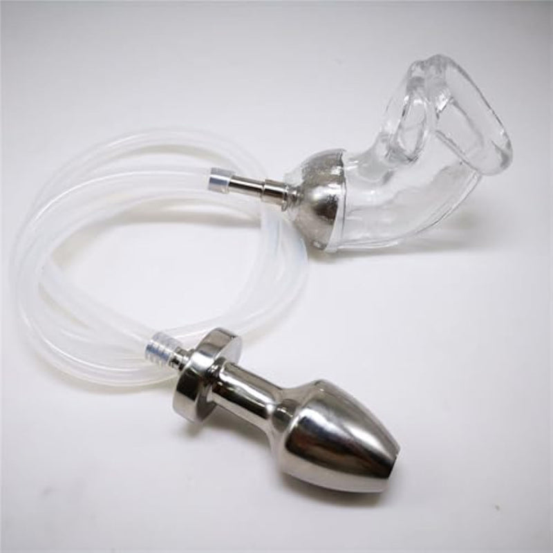 Metal Anal Plug Enema Backcourt Flushing Hollow Peeping Anal Plug Sex Toys Men'S Wearable Silicone Chastity Cage Chastity Lock Set