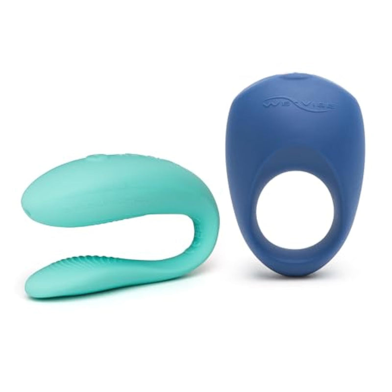 Sync Lite Turquoise C-Shaped Couples Vibrator & Pivot Vibrating Cock Ring - App Controlled Couples Sex Toys Bundle