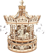 3D Wooden Puzzle Carousel Model Building Kits Rotating 5-Horses Music Box Christmas Birthday Gift For Kids Girls Daughter Wife Girlfriend(Amk62 Romantic Carousel)