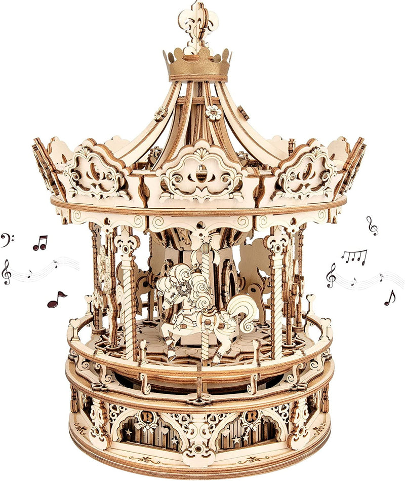 3D Wooden Puzzle Carousel Model Building Kits Rotating 5-Horses Music Box Christmas Birthday Gift For Kids Girls Daughter Wife Girlfriend(Amk62 Romantic Carousel)