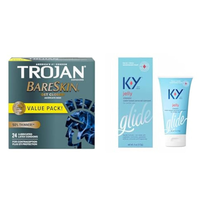 Trojan Bareskin Thin Premium Lubricated Condoms - 24 Count & K-Y Jelly Water Based Lube for Sex, Anal Lube, Non-Greasy Water Based Personal Lubricant