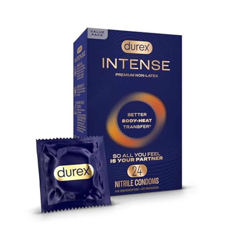 Durex Intense Nitrile Condoms, Ultra Thin Premium Non Latex Condoms Lubricated with Silicone Lube, 24 ct