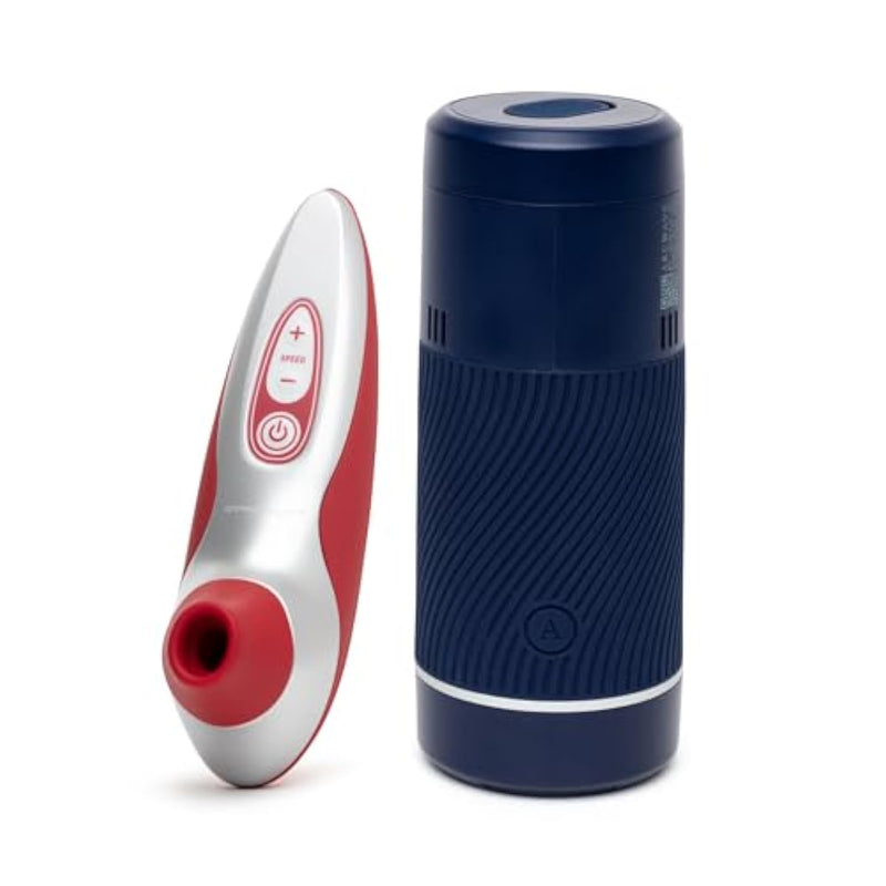 Pow Blue Male Masturbator Penis Stroker & Womanizer Pro40 Red Pleasure Air Clitoris Sucker - Adult Sex Toys Bundle