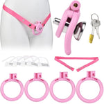 Pink Male Flat Sissy Chastity Device Sex Toy Set Whit 4 Rings & Belt, Inverted Negative Chastity Devices Locked Small Cock Cage Adult Penis Sm Bondage Sex Toys For Gay Men Professionals