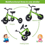3 In 1 Toddler Tricycles For 2-5 Years Old Boys And Girls With Adjustable Seat Detachable Pedal And Bell, Foldable Baby Balance Bike Riding Toys For Kids, Child Birthday Gift Green