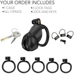 Chastity Device, Fully Enclosed Male Chastity Cage With Female Design, Nylon Resin Plastic Chastity Device, 3D Printed, Includes 5 Rings (Black, Small)