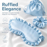 3 Pcs Ruffled Satin Eye Mask Set Light Blue Silk Sleep Mask Silky Blindfold Eyeshade Blackout Eyes Cover Hair Scrunchie and Storage Pouch for Bachelorette Party Bridal Shower Wedding Gift
