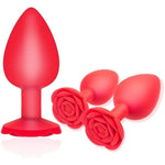 Anal Butt Plug Rose Sex Toy, 3Pcs Silicone Anal Plugs Training Set,Training Set With Flared Base Prostate Sex Toys For Beginners Advanced Users(Red)