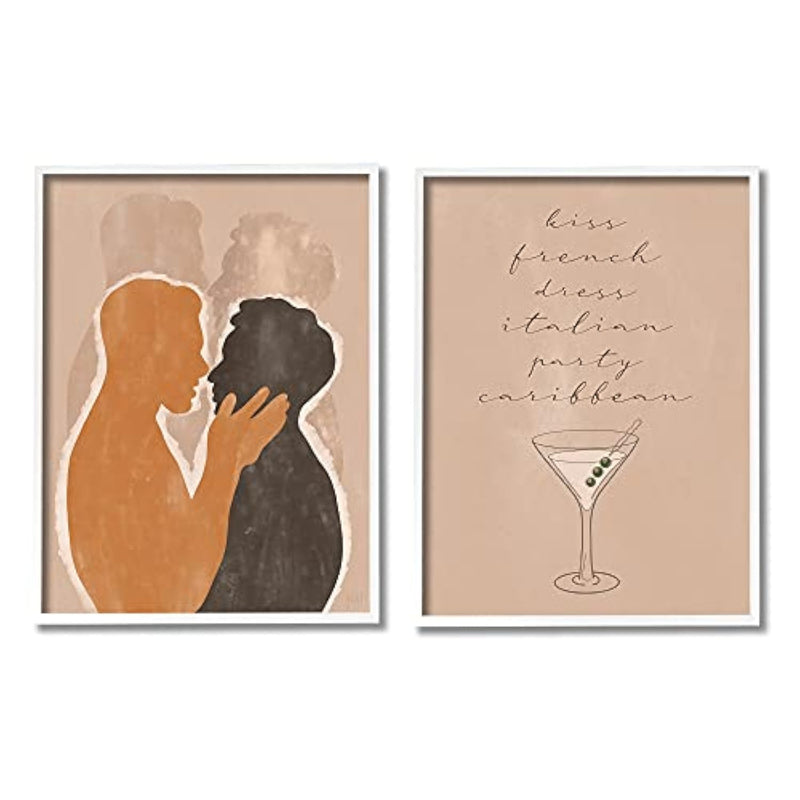 Stupell Industries Kiss French Party Caribbean Phrase Male Couple Embrace, Designed by Birch&Ink White Framed Wall Art, 2pc, Each 16 x 20, Brown