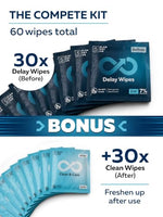 7% Benzocaine Delay Wipes for Long Last for Men - Fast-Acting Formula, 30 Individually Wrapped Wipes for Him with Vitamin E, Chamomile & Aloe Vera