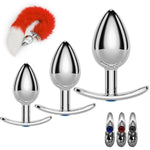 Anal Plug With Fox Tail For Cosplay Jewelry Anal Trainer Kit For Adult 3Pcs Replaceable Stainless Steel Anal Plugs For Beginners Couple Women Men (Red)