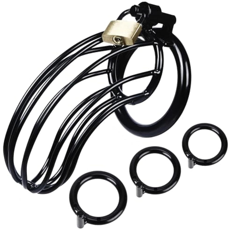 Male Chastity Device Cock Cage With 3 Sizes Of Rings, Premium Metal Silver Locked Cage Adult Sex Toy For Men (Black), Lock And 3 Keys Included
