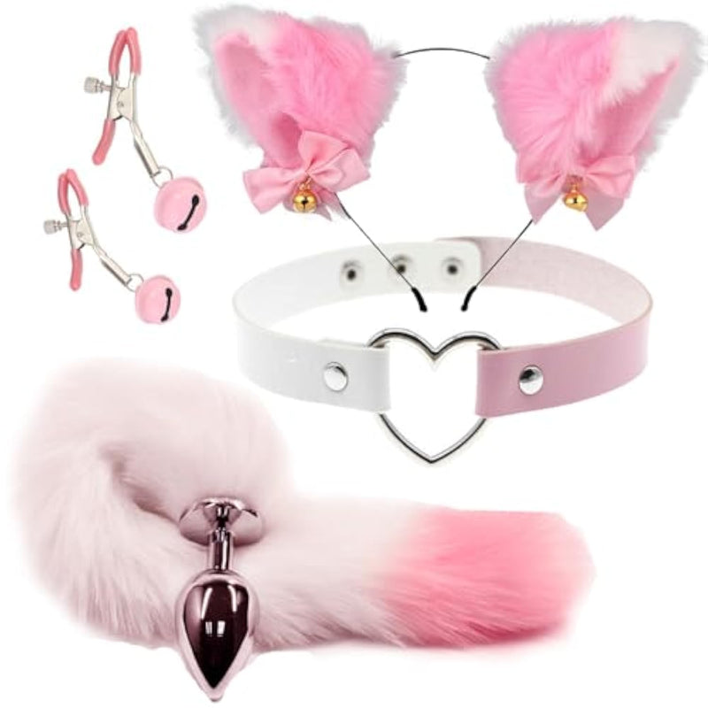 Anal Plug Fox Tail With Ear 15.75-Inch-Long Sexual Anus Tail Butt Plug Cosplay Game Pink & White Sex Toy For Women Men