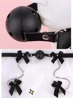 BDSM Black Silicone Mouth Ball Gag with Bowknot Nipple Clamps, Adjustable Bondage Set with Chain for Couples, Extreme Excitement & Passionate Foreplay Sex Toy