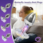 3Pcs Anal Plugs With Butterfly Decoration Stainless Steel Butt Plugs Adult Anal Training Set Anal Beads Fetish Toys Massage Prostate (Purple)
