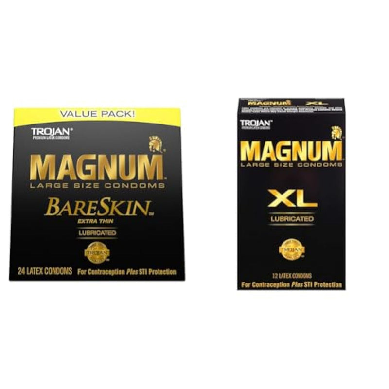 TROJAN Magnum BareSkin Premium Large Condoms, Comfortable and Smooth Lubricated Condoms for Men, America’s Number One Condom, 24 Count Value Pack & Magnum XL Large Size Lubricated Condoms - 12 Count