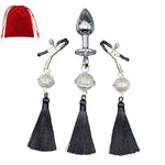 Bell Tassel Nipple Clips With Anal Butt Plug Adjustable Non Piercing Breast Nipple Clamps Anal Plug Body Accessories Jewelry (Black)