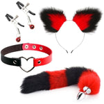 Stainless Anal Cat Tail Set Anal Expandor: Massage Nipples Clip With Bell Sexy Plush Cat Ear Headband Faux Leather Necklace Roleplay Couples Flirting Sex Toys (Red Black)