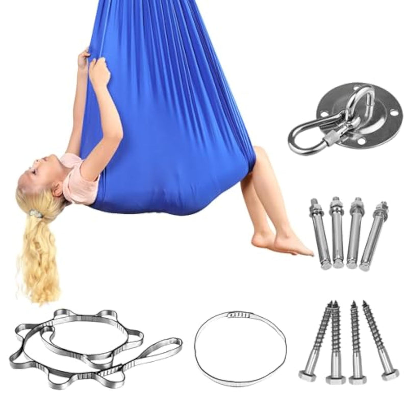 Sensory Swing For Youngsters Indoor, Therapy Swing With Stand, Extension Strap, Screws, Soft & Elastic Polyester Swing, Promotes Balance, Coordination, Muscle Strength, Blue 9.2 X 4.9 Ft