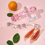 2-Piece Crystal Pink And Clear Glass Dildo Set - Double-Ended Curved Anal Plug And Beads With Handles For Easy G-Spot And P-Spot Stimulation - Sex Toys For Adult Men And Women