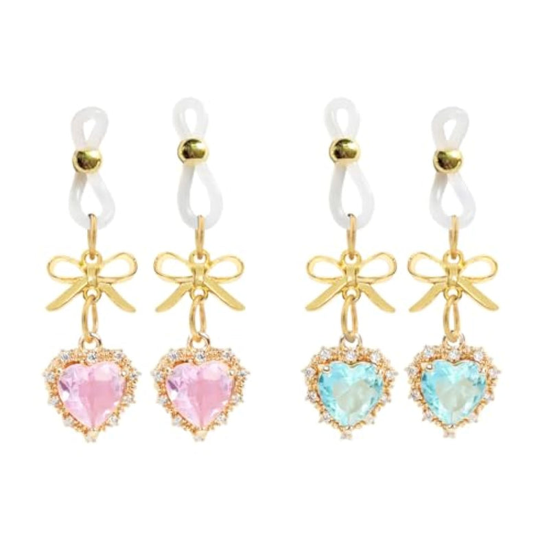 Crystal Heart Pendant Body Clamps Non-Pierce Jewelry With Bow, Red And Green Gemstones For Women Gold-Tone, 2 Pairs Adjust Tightness (2 Pairs - Pink Sapphire)