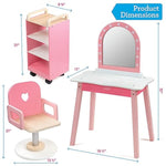 Pretend Hair Salon Wooden Play Set- Full Vanity Mirror with Chair & Rolling Cart- Playset Includes Blow Dryer, Brush, Styling, Cutting Tools- Girls Hair Dresser Stand, Stylist Fun, Xmas Gift for Kids