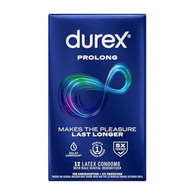 Durex Condom Prolong Natural Latex Condoms, 12 Count - Ultra Fine, Ribbed and Dotted with delay Lubricant, Regular Fit