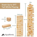 60 Pcs Tumble Tower, (Stack Up To 5Ft) Pine Wooden Stacking Timber Game With 1 Dice Set - Classic Block Outdoor Game For Teens Adults Family