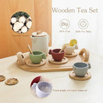 Wooden Tea Party Set For Toddler 3-5,Kids Tea Sets For Little Girls 4-6, 14Pcs Silicone Kitchen Accessories, Pretend Play Montessori Toys With Tray For 3 4 5 6 Year Old Birthday