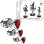 Three Hearts Gem Anal Plug Set, 3 Piece Polished Aluminum Butt Plug Kit With Sparkling Jewel Bases, Small Medium Large Sizes, Tapered Tips For Easy Insertion, Includes Velvet Storage Bag