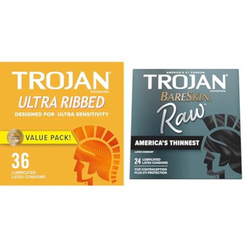 Trojan Ultra Ribbed Condoms for Ultra Stimulation, 36 Count, 1 Pack & BareSkin Raw Thin Condoms, Lubricated Condoms for Men, America’s Number One Condom Brand, 24 Count Pack