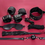 7 PCS Sex Kits Fetish Handcuffs Ankle Cuff Collar Blindfold Whip Rope Ball Gag Adult Games Foreplay Sexy Toys for Couples (Black)
