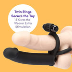 Double Fun Vibrating Double Penetration Strap On Dildo - 5.5 Inch Silicone Strap On Dildo For Men - 2 Bullet Vibrators & Cock And Ball Rings - Waterproof - Black