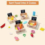 Food Groups - 20 Wooden Play Food Sets & 4 Crates & 4 Mini Blackboard & 15 Play Money, Pretend Toy Food Kitchen Accessories For Toddlers & Kids Ages 3+