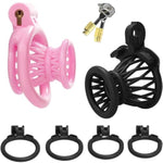 Male Inverted Chastity Cage Sex Toy Set With 4 Cock Rings, 3D Small Negative Chastity Devices Locked Cock Cage Nylon Fish Trap Shape Adult Penis Sm Bondage Device Sex Toys For Men & Gay (Pink)