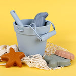 Modern Baby Sand Toys | Travel Friendly | Silicone Bucket, Shovel, 4 Molds, Beach Bag For Toddlers, Kids - Blue