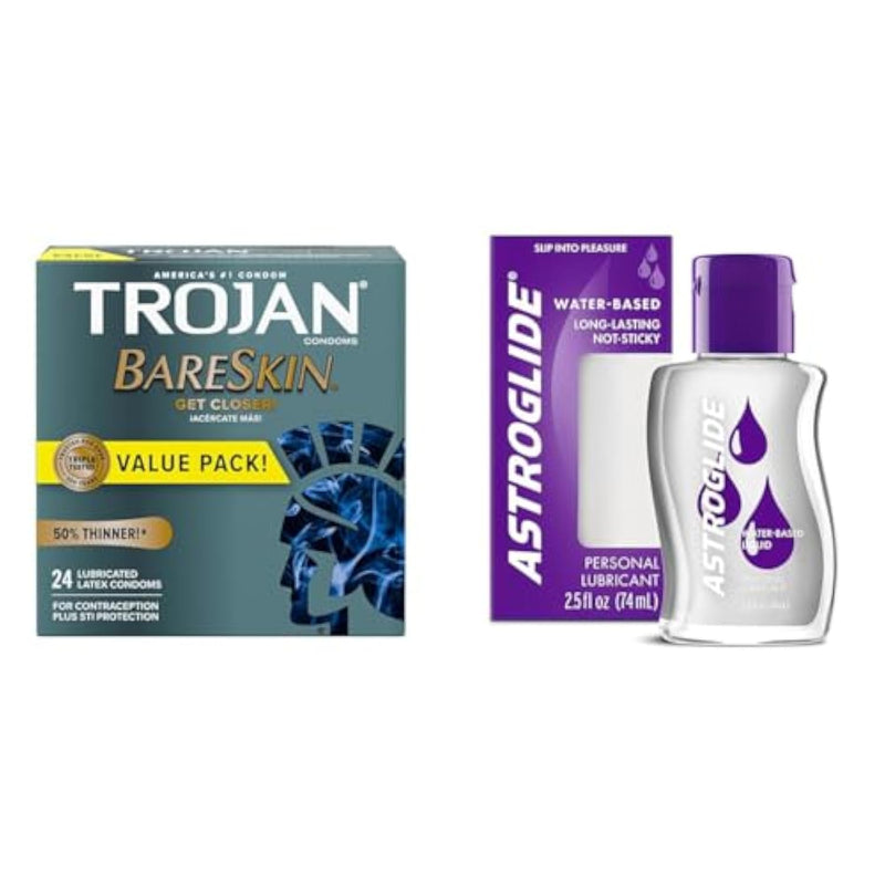 Trojan Bareskin Thin Premium Lubricated Condoms - 24 Count & Astroglide Liquid Personal Lubricant (2.5oz), Water Based Lube, Dr. Recommended Brand