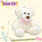 14" White Teddy Bear Plush Toy, Cute Bear Stuffed Animal With Pink Bow, Soft & Huggable Plush, Birthday Valentine’S Day, Perfect For Kids Girlfriends Babies Friends