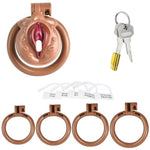 Chastity Cage Fake Women Vagina Penis Cage Chastity Cock Cage Sissy Chastity Device Lock With 4 Rings Sm Male Bondage Sex Toys (Skin Color)