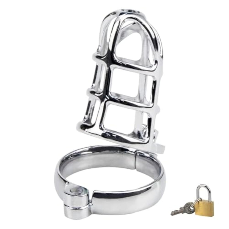 Cock Cage Male Chastity Device Steel Metal Silver Locked Cage Sex Toy For Men, Lock And Key Included