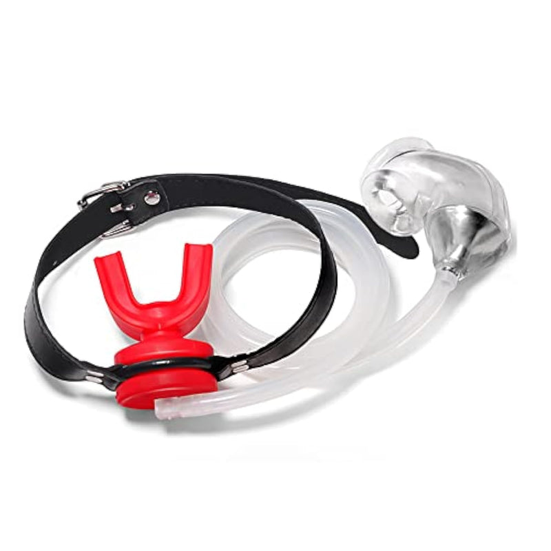 Latex Plug Urinal With Piss Hole Adjustable, Piss Funnel Silicone Plug Penis Sleeve, Penile Sheath Flow Into The Mouth Plug, Adult Gag Chastity Device Sex Toys (Red Gag+Clear Sleeve)