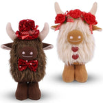 2 Pack Valentine Highland Cow Plush Decorations, Valentines Day Home Decor With Fluffy Texture, White & Brown Scottish Cow With Rose And Top Hat For Bedroom, Desk & Shelf Display