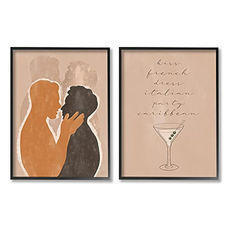 Stupell Industries Kiss French Party Caribbean Phrase Male Couple Embrace, Designed by Birch&Ink Black Framed Wall Art, 2pc, Each 24 x 30, Brown
