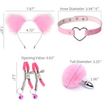 4-Piece Anal Plug Set With Bunny Tail Stainless Steel Butt Plug, Faux Fox Cat Ear Headband Hair Hoop, Heart Leather Bondage Choker And Body Ring Nipple Clamps With Bells For Adults Women Couples